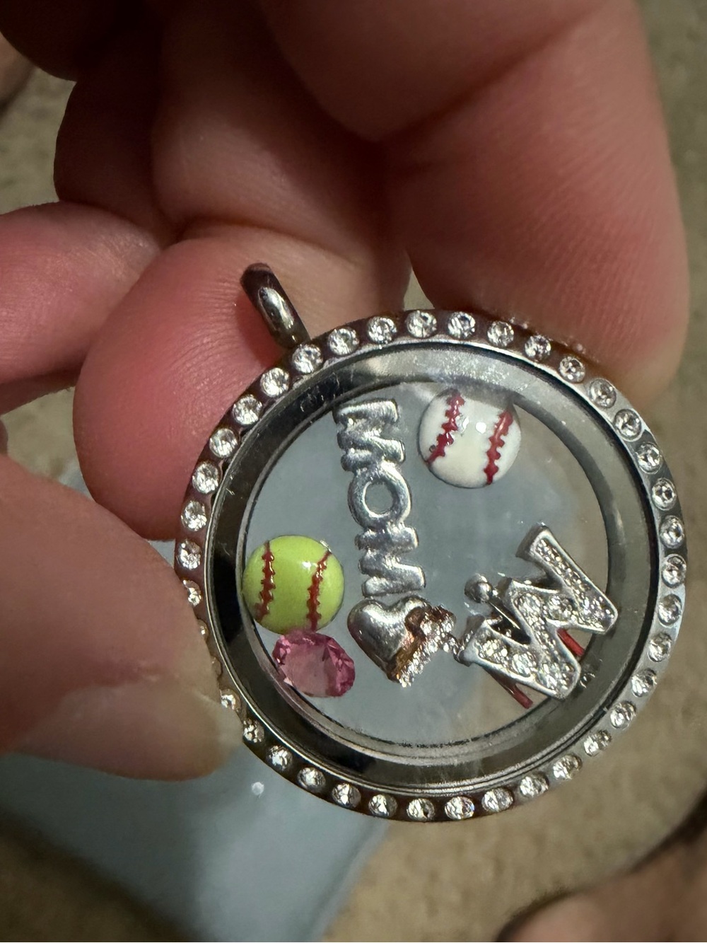 Crystal-Trim Baseball Locket Pendant with Pink and Yellow Charms